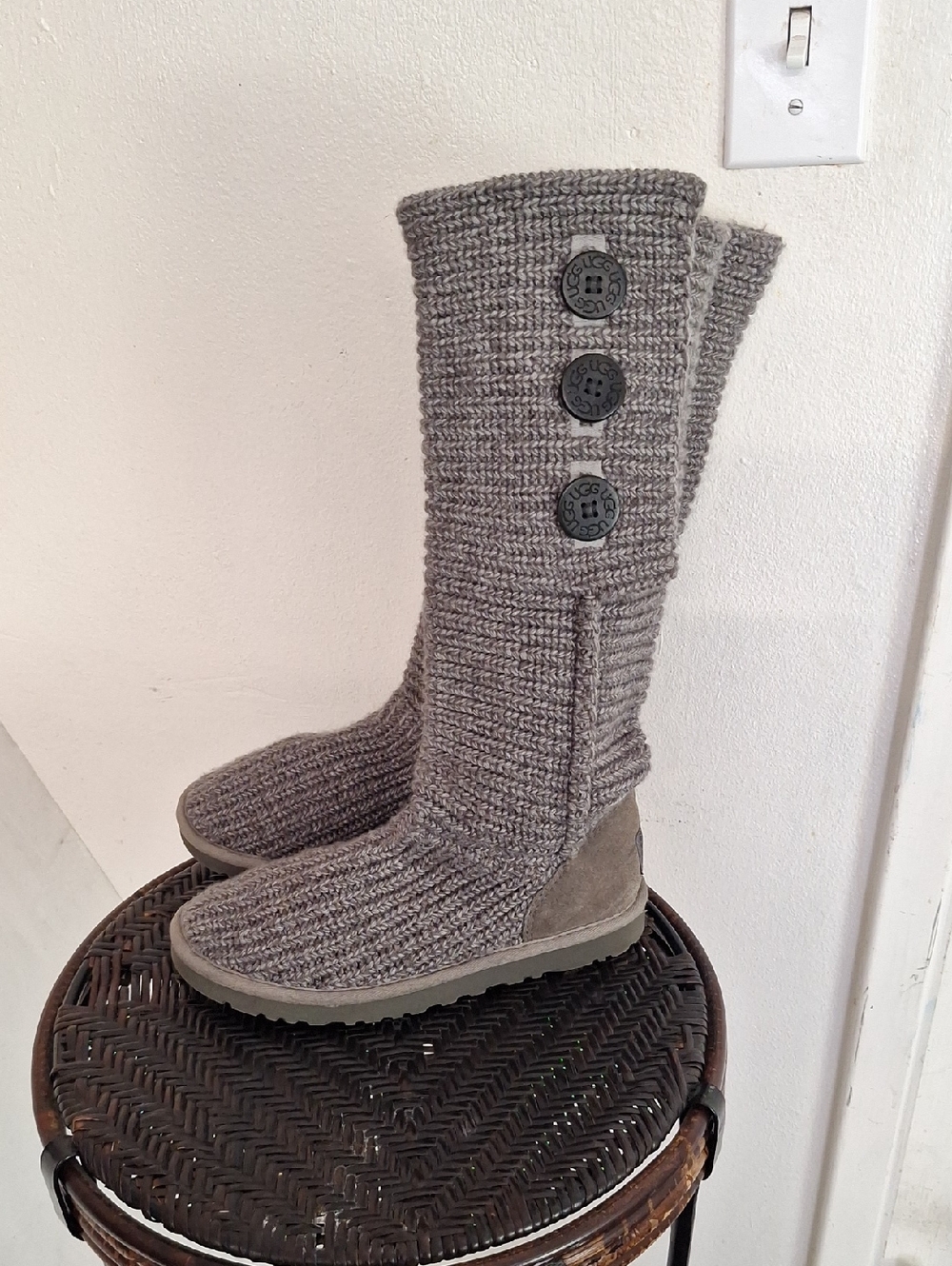 UGG Cardy Gray Knit Button Up Sweater Boots Women Size 7